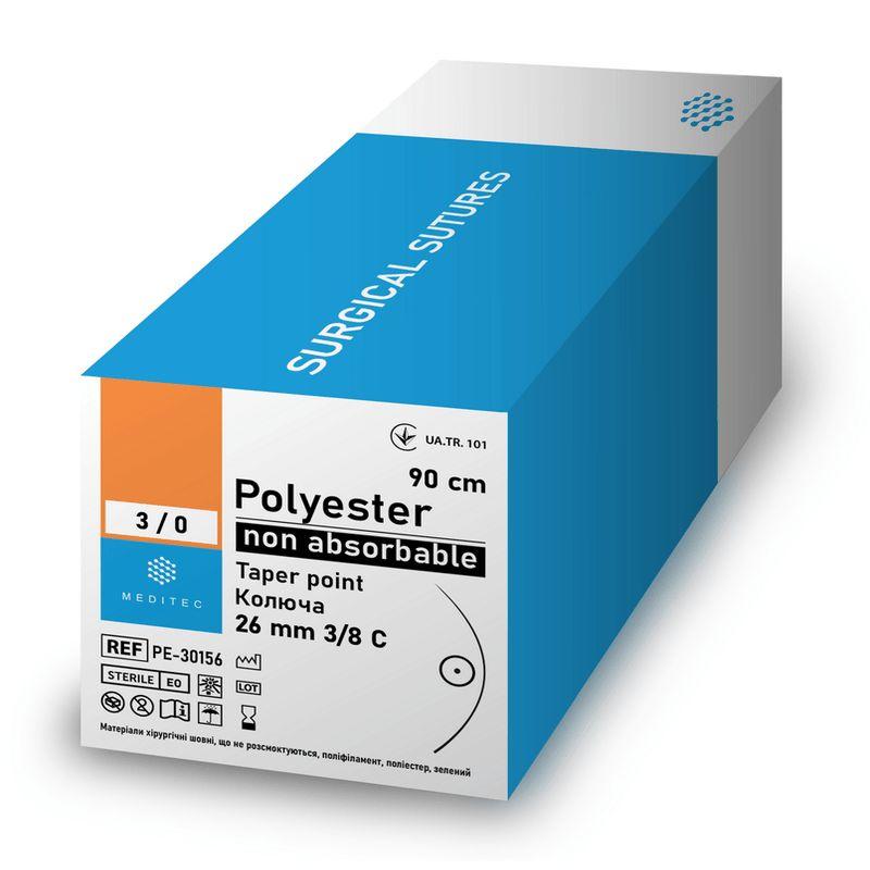 Поліефір, USP3/0 (М2), зелений, 75 см, гол. звор-ріж, 1х26мм, 3/8 кола, PE-30143